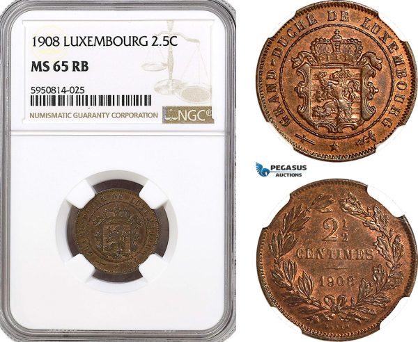 AH330, Luxembourg, 2 1/2 Centimes 1908, Brussels Mint, NGC MS65RB, Top Pop!
