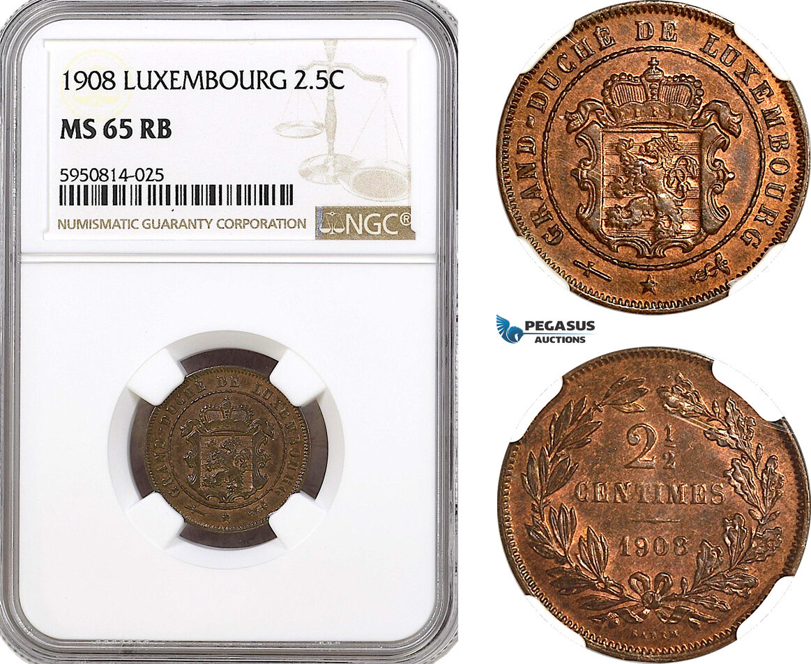 AH330, Luxembourg, 2 1/2 Centimes 1908, Brussels Mint, NGC MS65RB, Top Pop!