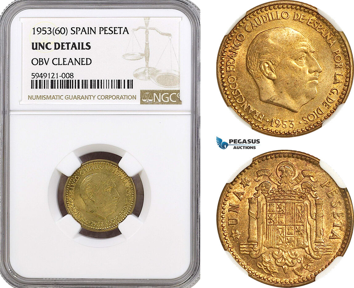 AH358-R, Spain, Francisco Franco, 1 Peseta 1953 (60) Madrid Mint, NGC UNC Det.