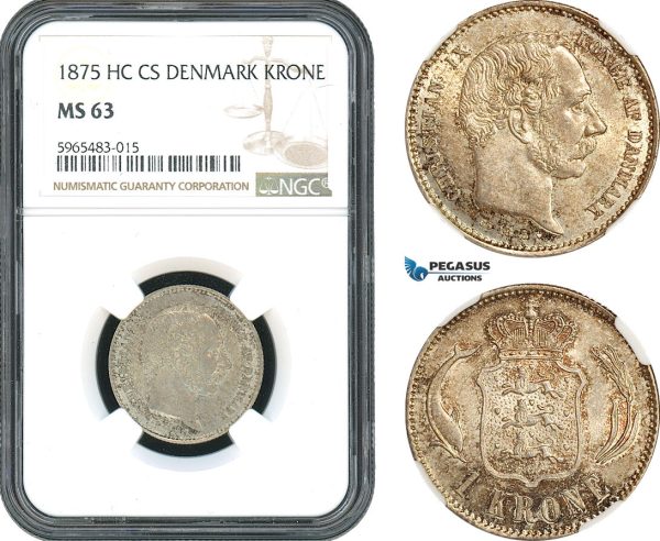 AH385, Denmark, Christian IX, 1 Krone 1875 HC CS, Copenhagen Mint, Silver, NGC MS63