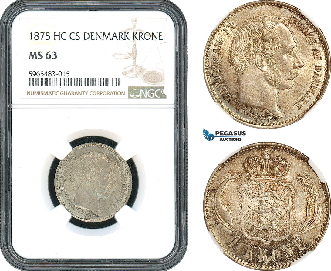 AH385, Denmark, Christian IX, 1 Krone 1875 HC CS, Copenhagen Mint, Silver, NGC MS63