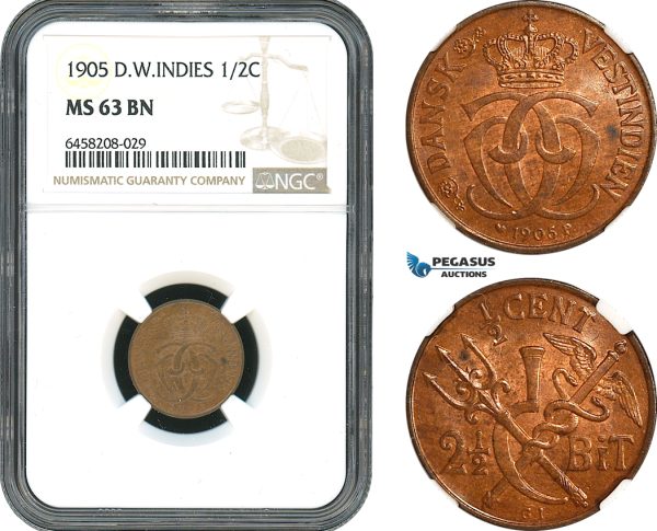 AH388, Danish West Indies, Christian IX, 2 1/2 Bit / 1/2 Cent 1905, Copenhagen Mint, NGC MS63BN