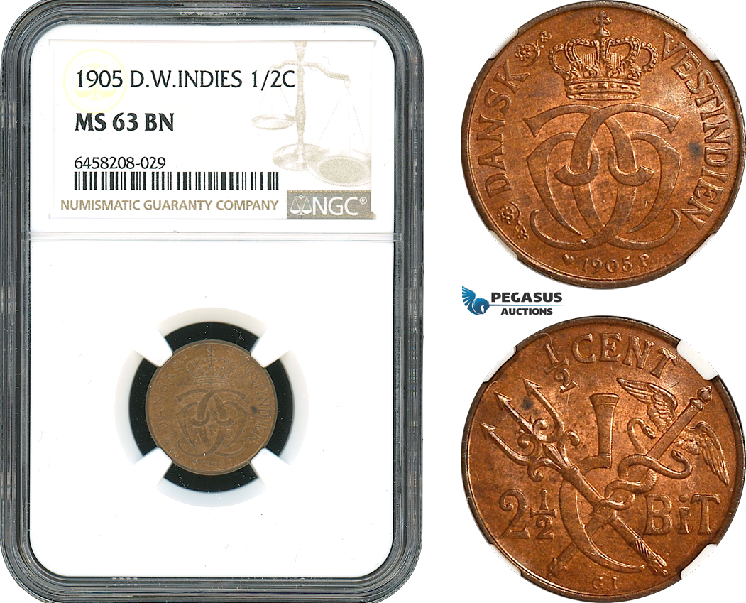 AH388, Danish West Indies, Christian IX, 2 1/2 Bit / 1/2 Cent 1905, Copenhagen Mint, NGC MS63BN