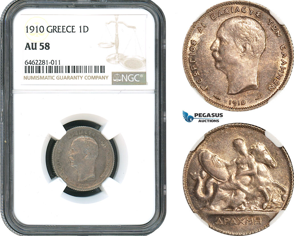 AH401, Greece, George I, 1 Drachma 1910, Silver, NGC AU58