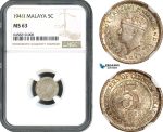 AH419, Malaya, George VI, 5 Cents 1941 I, Calcutta Mint, Silver, NGC MS63