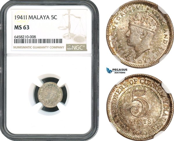 AH419, Malaya, George VI, 5 Cents 1941 I, Calcutta Mint, Silver, NGC MS63