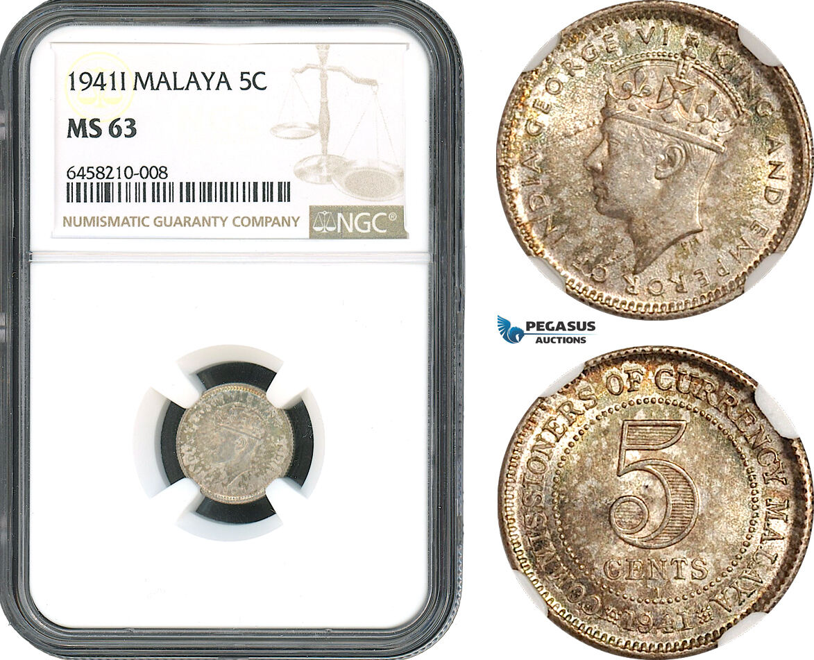 AH419, Malaya, George VI, 5 Cents 1941 I, Calcutta Mint, Silver, NGC MS63