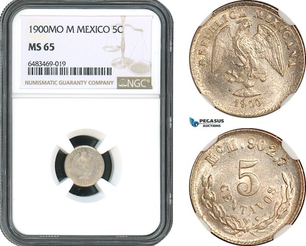 AH421, Mexico, 5 Centavos 1900 Mo M, Mexico City Mint, Silver, NGC MS65, Top Pop!