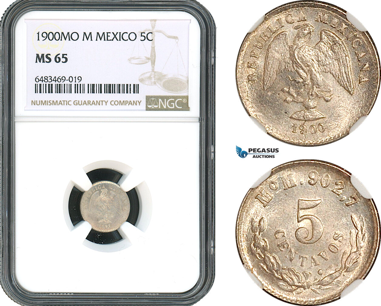AH421, Mexico, 5 Centavos 1900 Mo M, Mexico City Mint, Silver, NGC MS65, Top Pop!