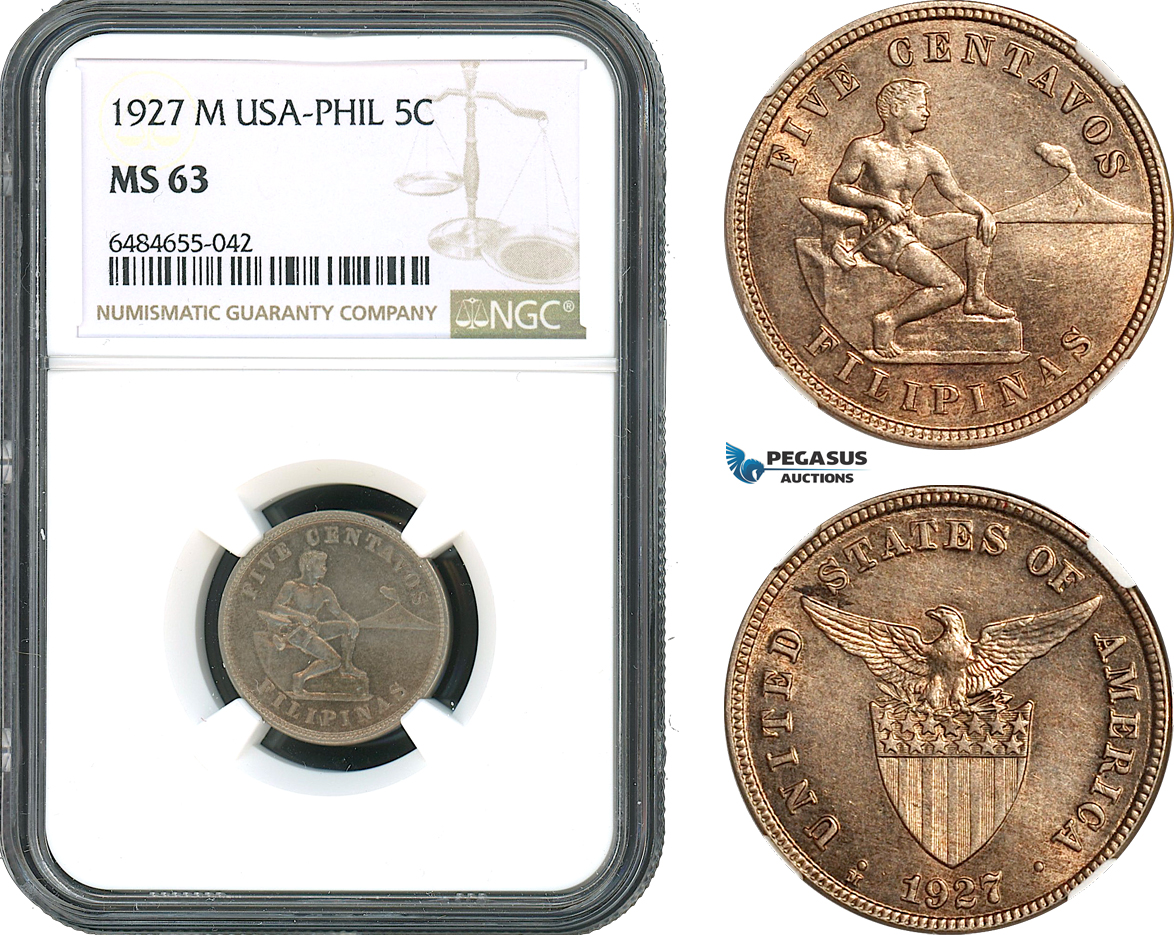 AH434, Philippines (US Administration) 5 Centavos 1927 M, Manila Mint, NGC MS63
