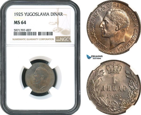 AH501, Yugoslavia, Alexander I, 1 Dinar 1925, Brussels Mint, NGC MS64