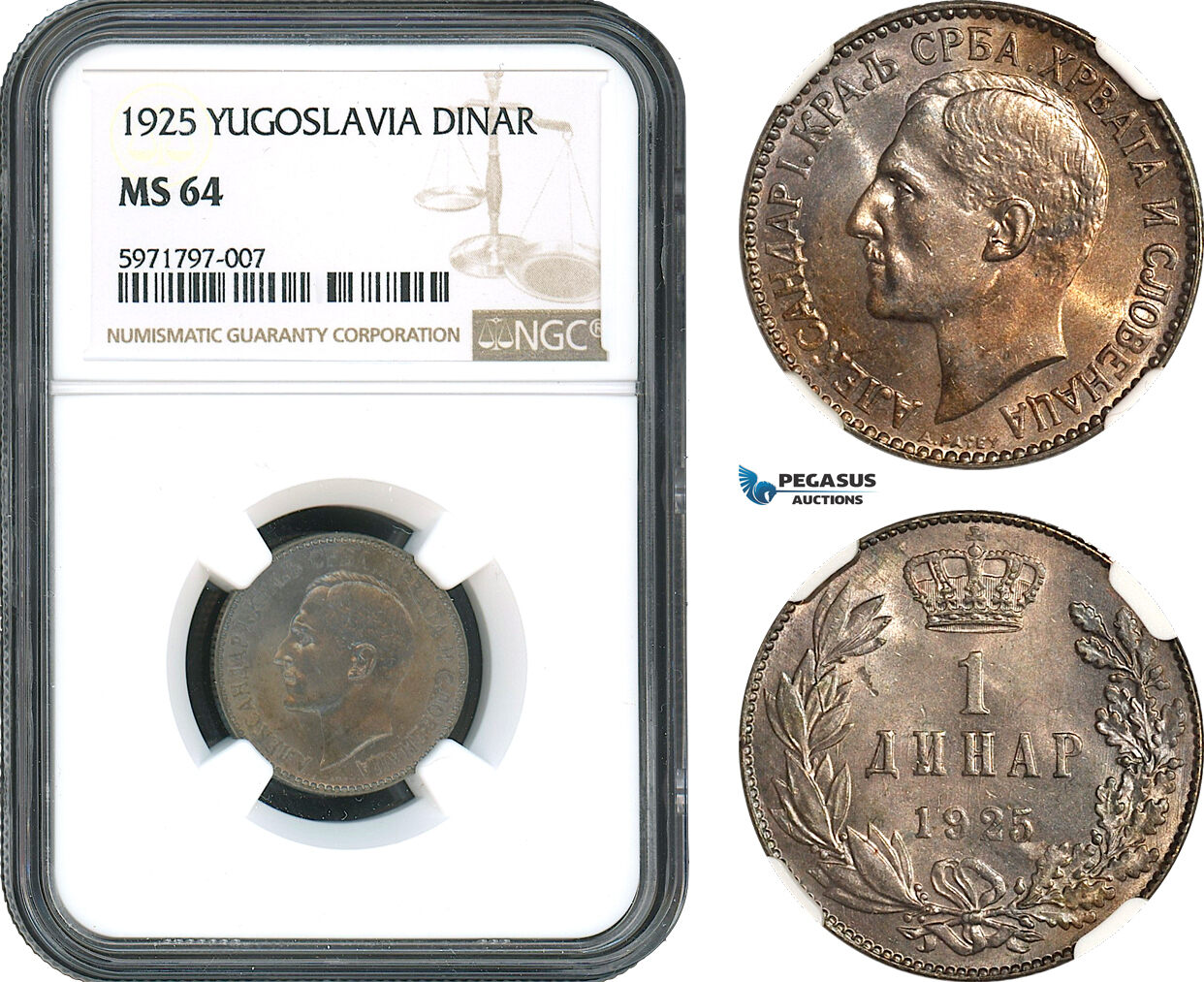 AH501, Yugoslavia, Alexander I, 1 Dinar 1925, Brussels Mint, NGC MS64