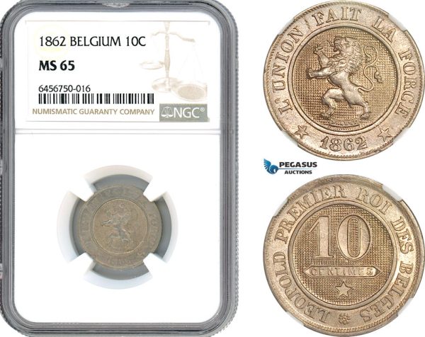 AH516, Belgium, Leopold II, 10 Centimes 1862, Brussels Mint, NGC MS65