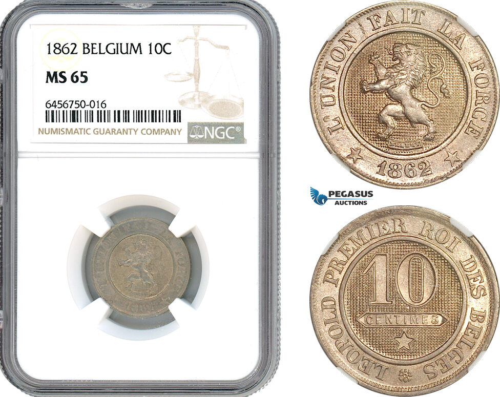 AH516, Belgium, Leopold II, 10 Centimes 1862, Brussels Mint, NGC MS65