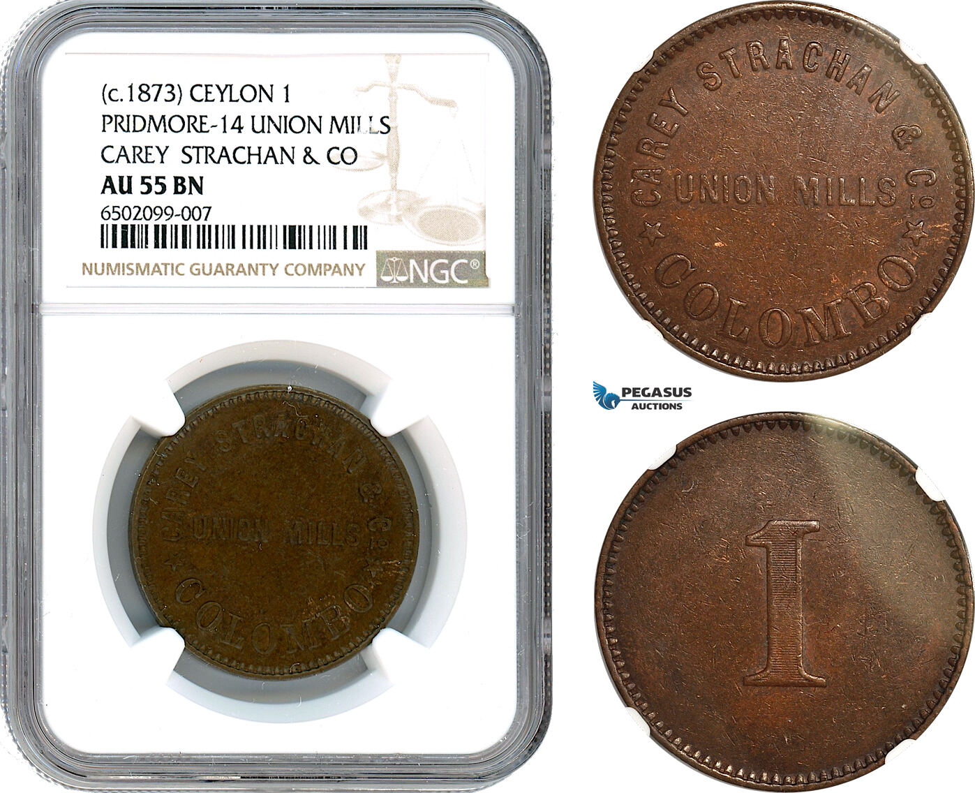 AH539, Ceylon, Victoria, 1 Pridmore - 14 Union Mills c.1873, Carey Strachan & Co, NGC AU55BN