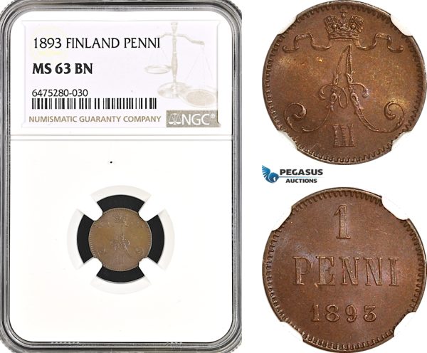 AH55, Finland, Alexander III. of Russia, 1 Penni 1893, Helsinki Mint, NGC MS63BN