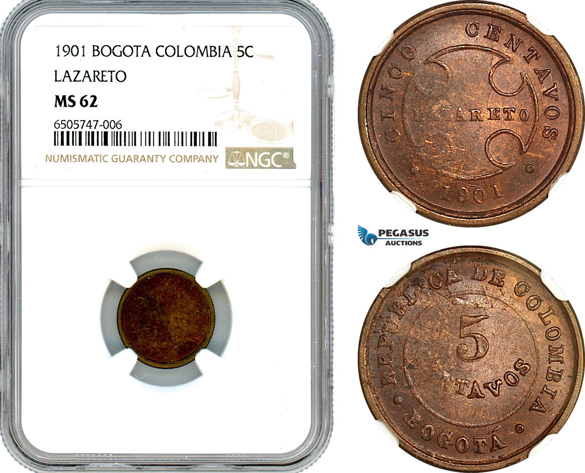 AH550, Colombia, Bogota, 5 Centavos 1901, Lazareto, NGC MS62