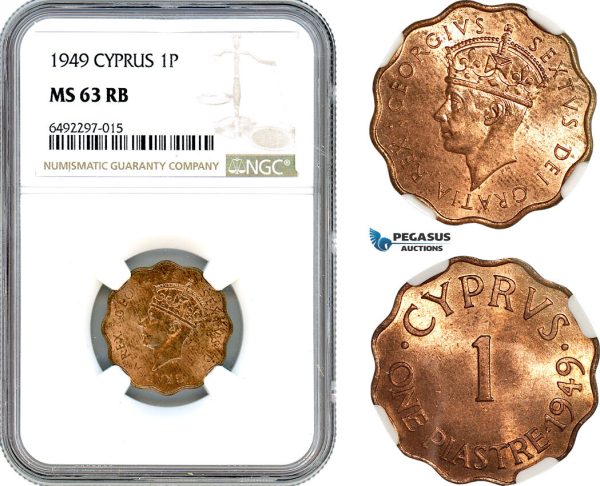 AH553, Cyprus, George VI, 1 Piastre 1949, NGC MS63RB