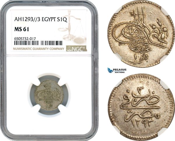 AH555, Ottoman Empire, Egypt, Abdülhamid II, 1 Qirsh AH1293//3, Misr Mint, Silver, NGC MS61
