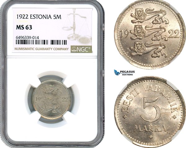 AH562, Estonia, 5 Marka 1922, Berlin Mint, NGC MS63