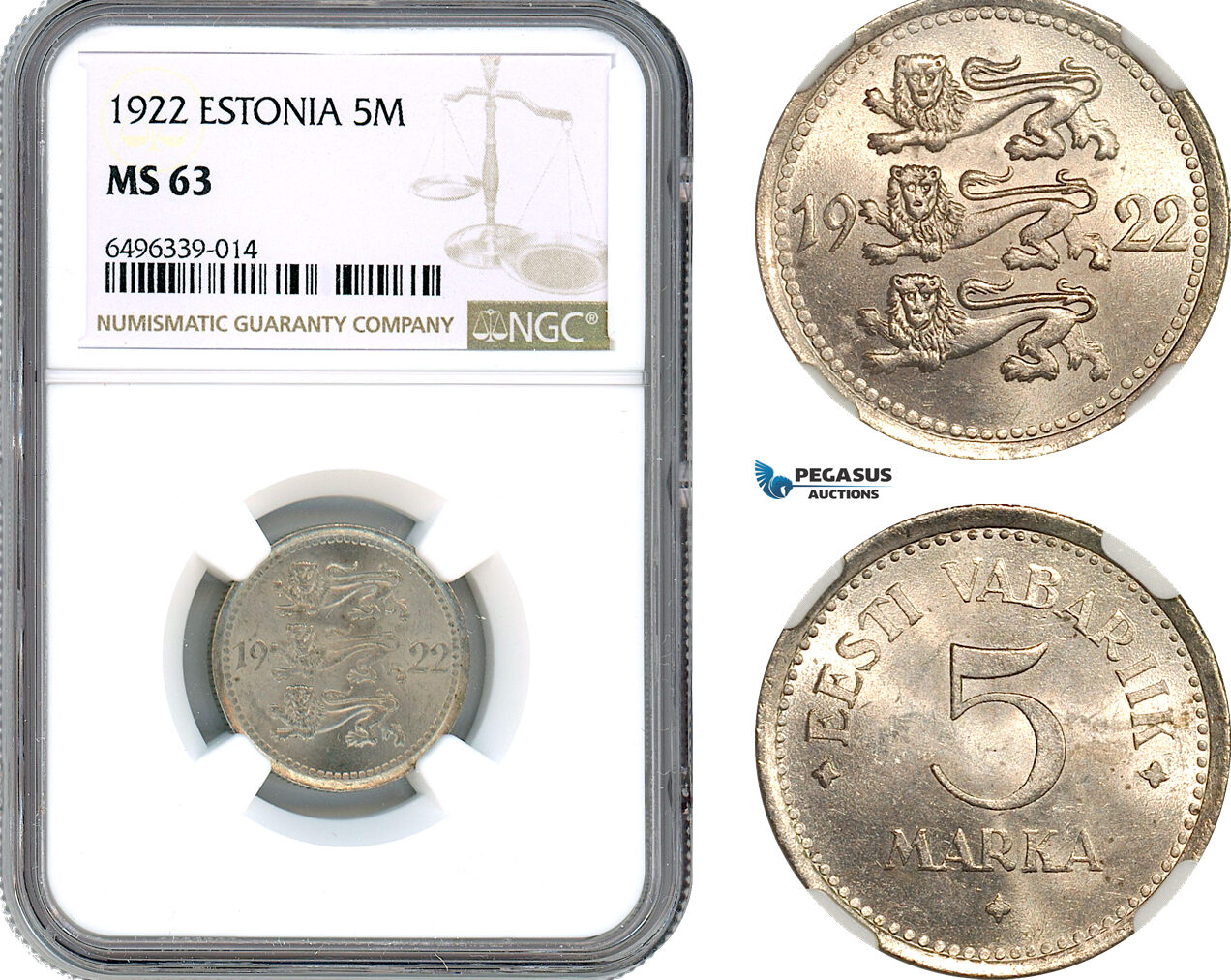 AH562, Estonia, 5 Marka 1922, Berlin Mint, NGC MS63