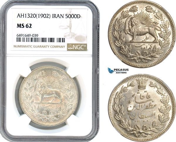 AH659, Iran, Muzaffar al-Din Shah, 5000 Dinars AH1320 (1902) Silver, NGC MS62