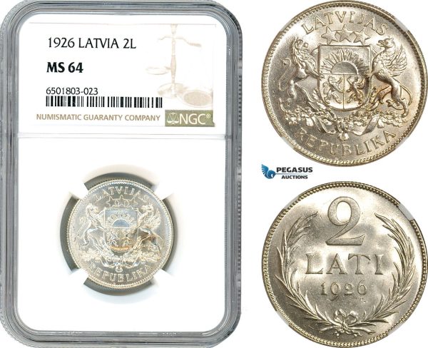 AH680, Latvia, 2 Lati 1926, Silver, NGC MS64