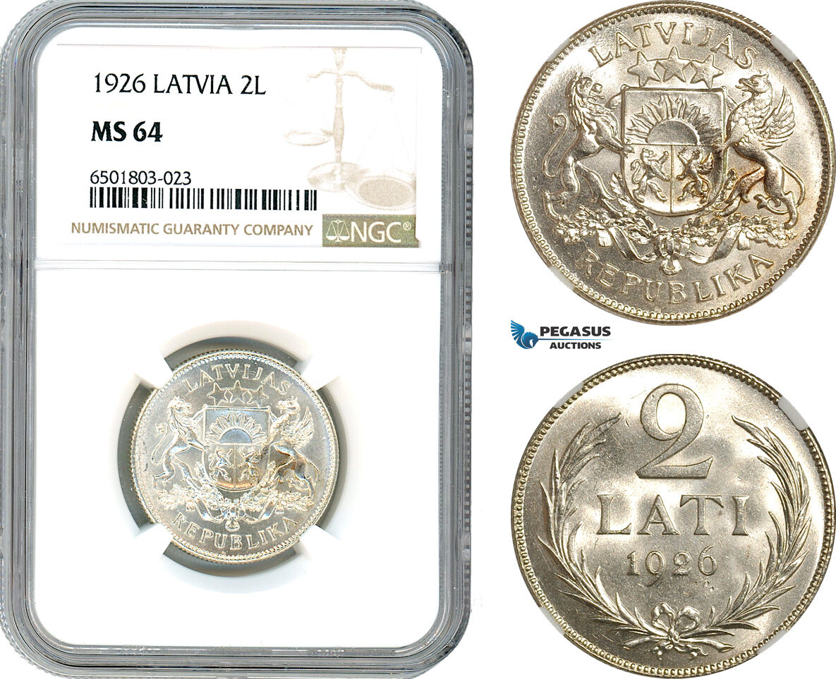 AH680, Latvia, 2 Lati 1926, Silver, NGC MS64
