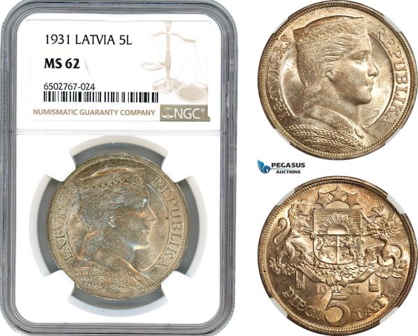 AH682, Latvia, 5 Lati 1931, Silver, NGC MS62