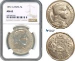 AH683, Latvia, 5 Lati 1931, Silver, NGC MS62