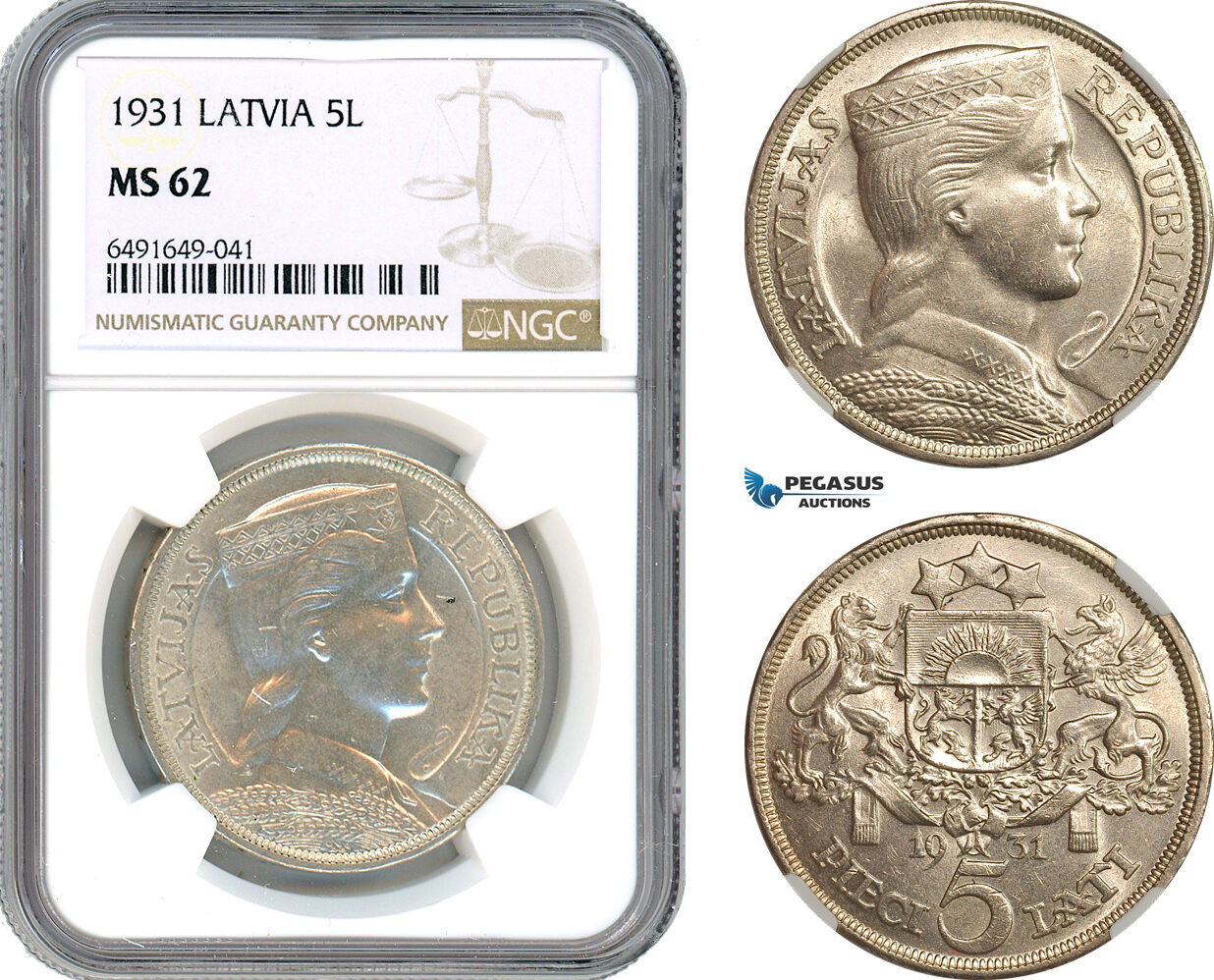 AH683, Latvia, 5 Lati 1931, Silver, NGC MS62