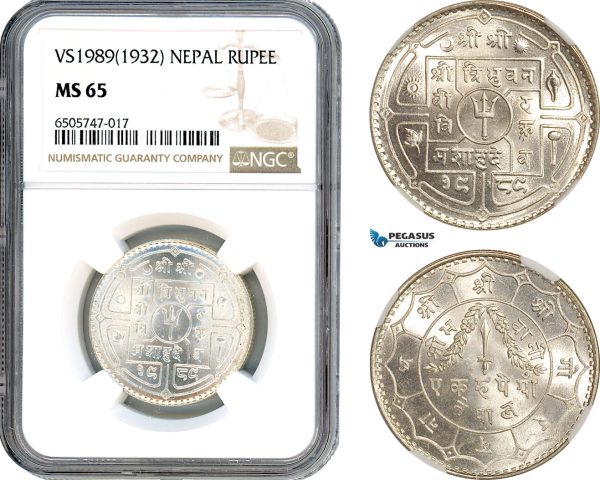 AH702, Nepal, Tribhuvan Bir Bikram Shah, 1 Rupee VS1989 (1932) Silver, NGC MS65