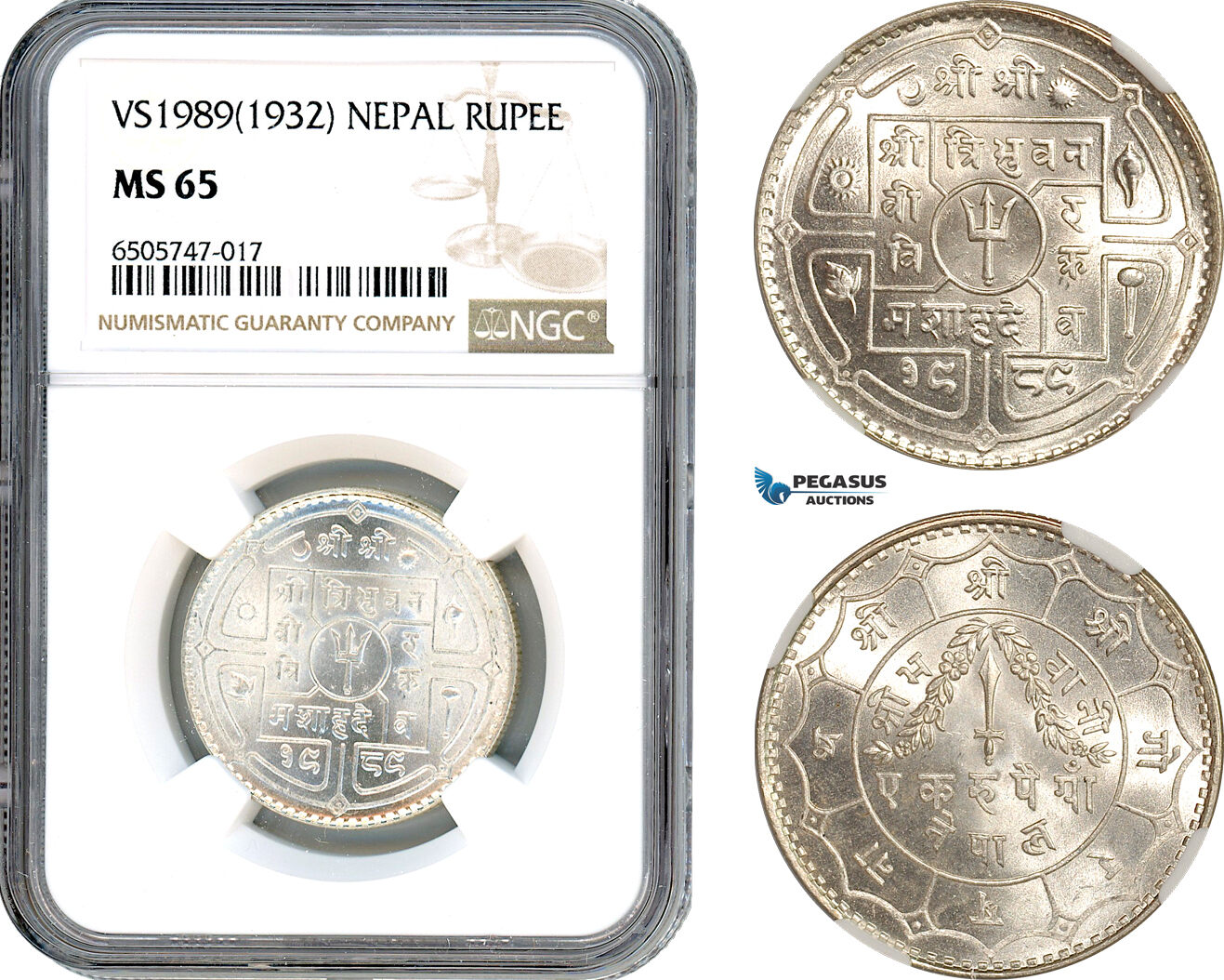 AH702, Nepal, Tribhuvan Bir Bikram Shah, 1 Rupee VS1989 (1932) Silver, NGC MS65