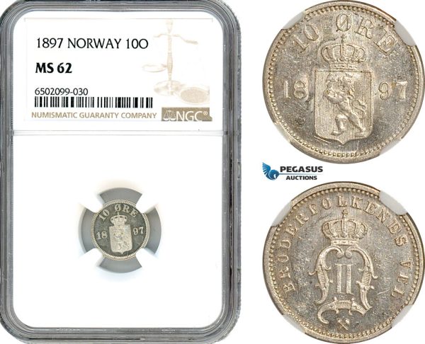 AH719, Norway, Oscar II, 10 Øre 1897, Kongsberg Mint, Silver, NGC MS62