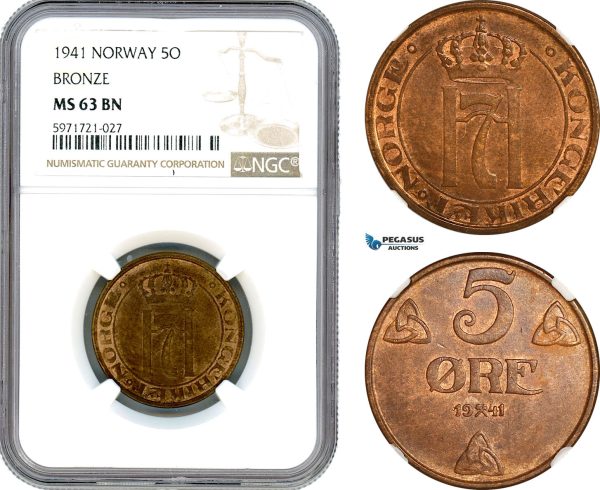AH720, Norway, Haakon VII, 5 Øre 1941, Bronze, NGC MS63BN