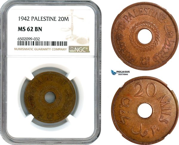 AH724, Palestine, 20 Mils 1942, London Mint, NGC MS62BN