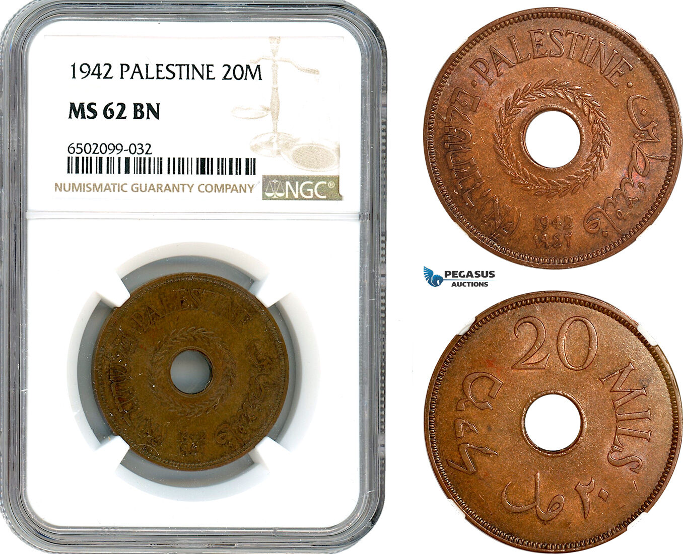 AH724, Palestine, 20 Mils 1942, London Mint, NGC MS62BN