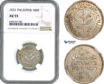 AH725, Palestine, 50 Mils 1931, London Mint, Silver, NGC AU55