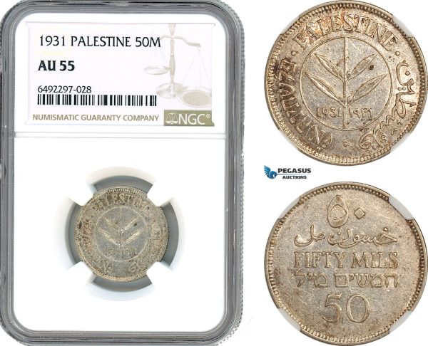 AH725, Palestine, 50 Mils 1931, London Mint, Silver, NGC AU55