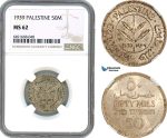 AH726, Palestine, 50 Mils 1939, London Mint, Silver, NGC MS62