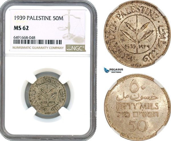 AH726, Palestine, 50 Mils 1939, London Mint, Silver, NGC MS62
