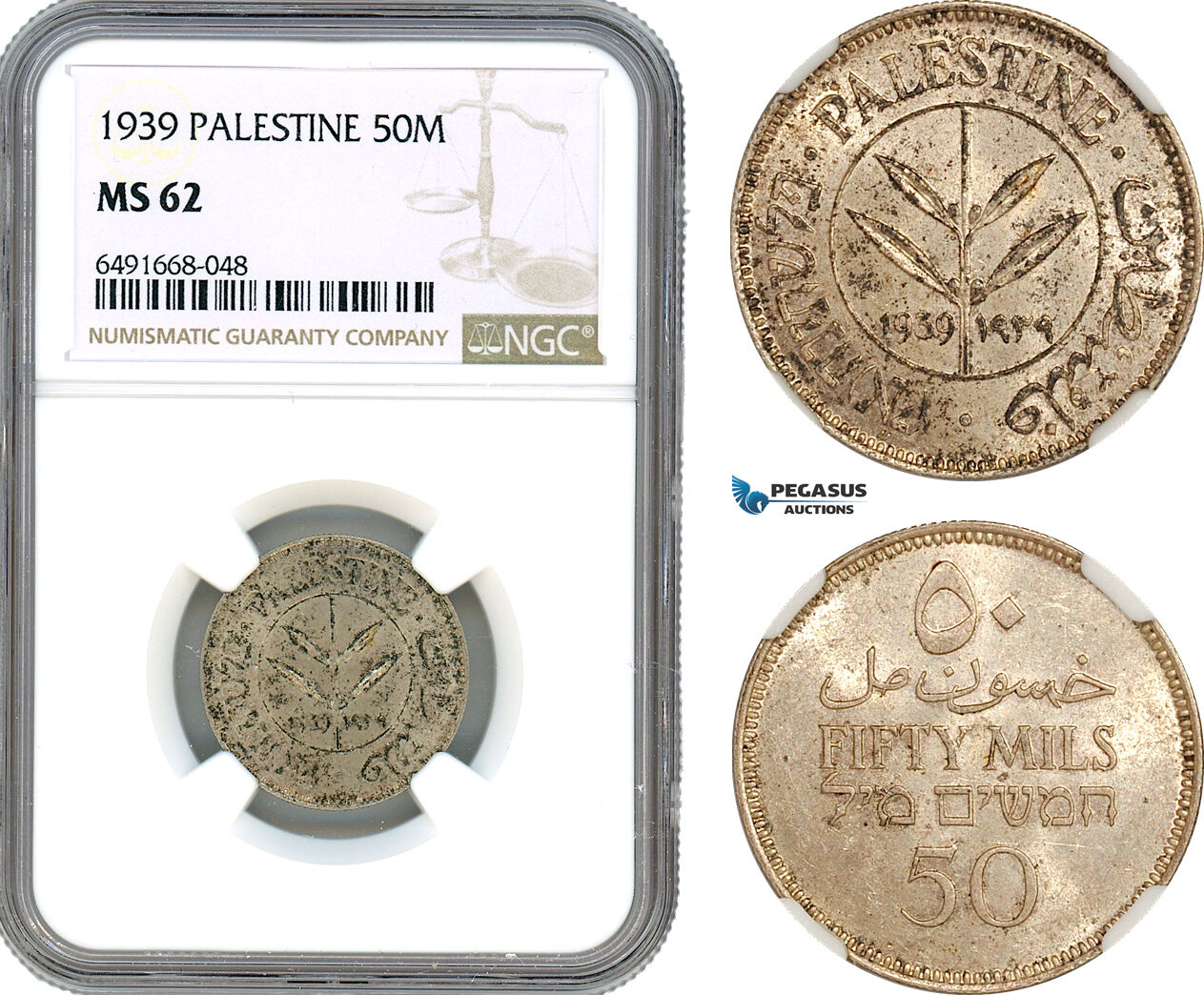 AH726, Palestine, 50 Mils 1939, London Mint, Silver, NGC MS62