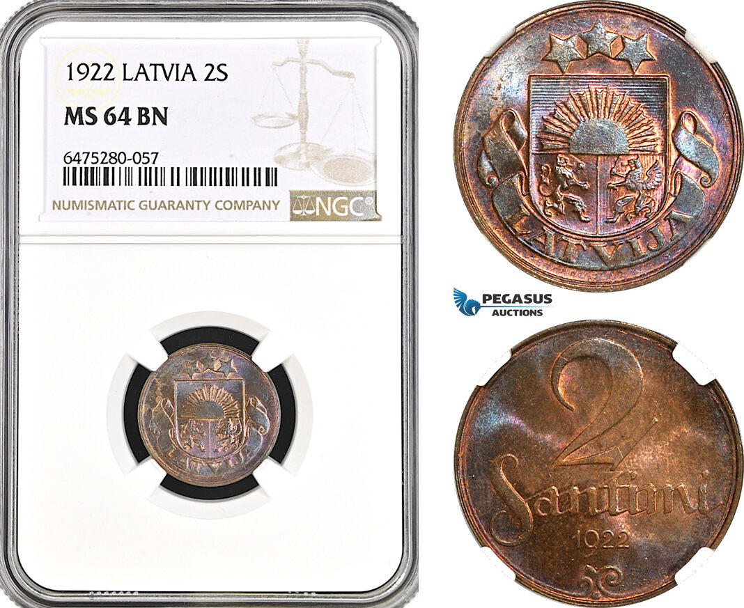 AH79, Latvia, 2 Santimi 1922, Huguenin Mint, NGC MS64BN