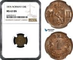 AH93, Norway, Oscar II, 1 Ore 1876, Kongsberg Mint, NGC MS63BN