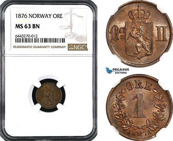 AH93, Norway, Oscar II, 1 Ore 1876, Kongsberg Mint, NGC MS63BN