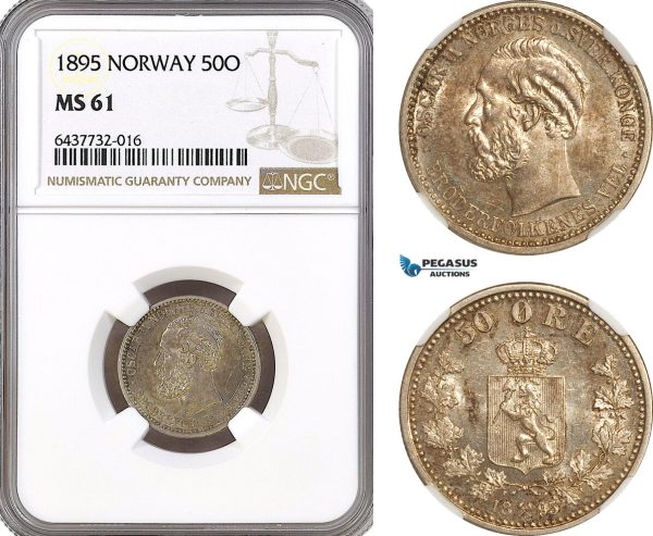 AH95, Norway, Oscar II, 50 Ore 1895, Kongsberg Mint, Silver, NGC MS61