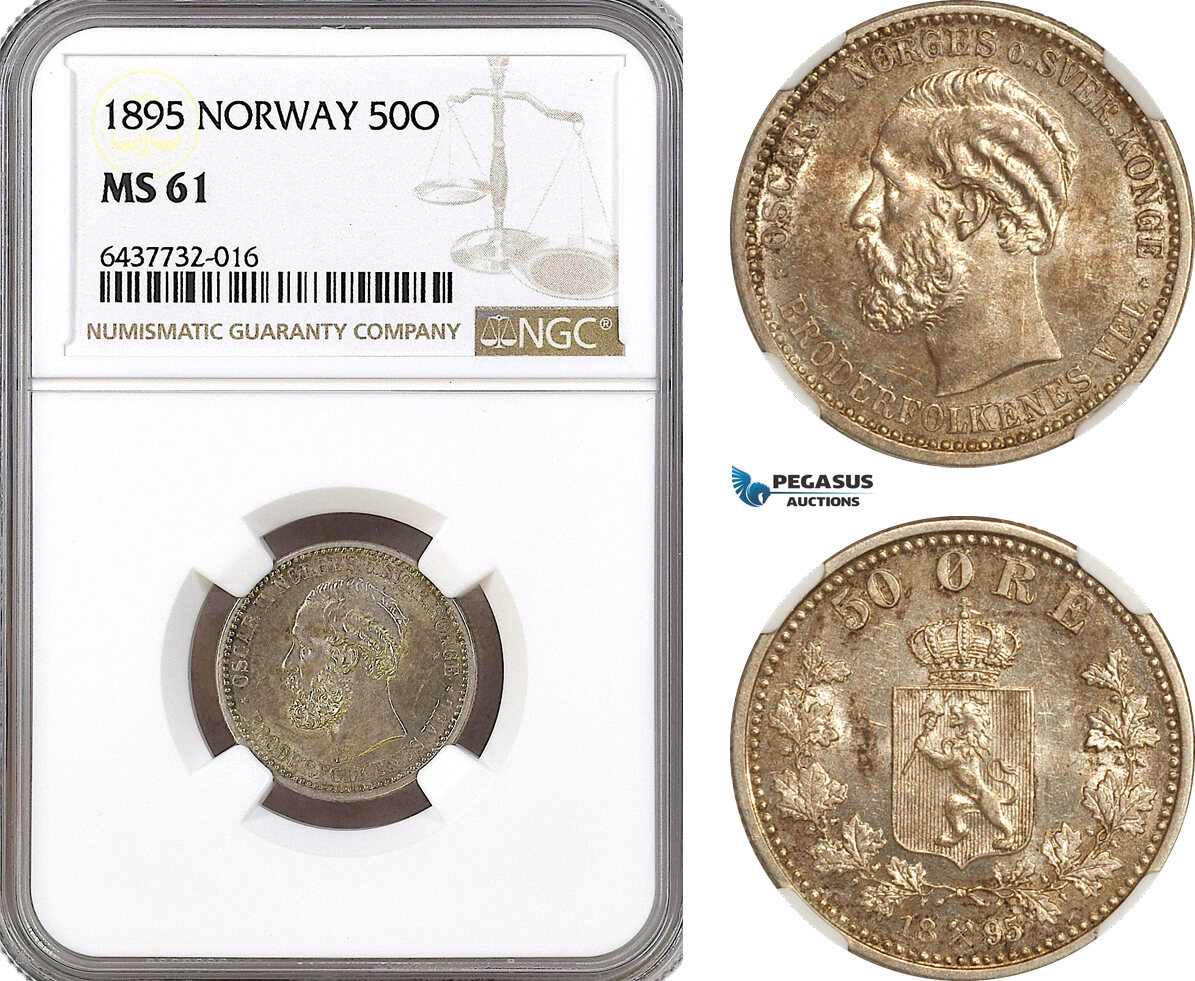 AH95, Norway, Oscar II, 50 Ore 1895, Kongsberg Mint, Silver, NGC MS61