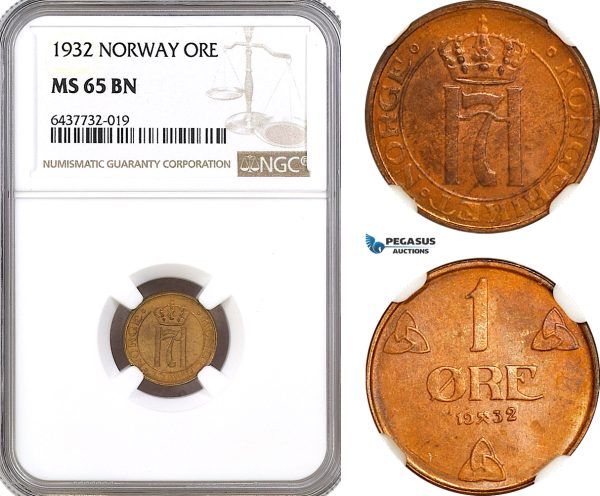 AH96, Norway, Haakon VII, 1 Ore 1932, Kongsberg Mint, NGC MS65BN
