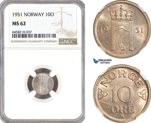 AH98, Norway, Haakon VII, 10 Ore 1951, Kongsberg Mint, NGC MS62