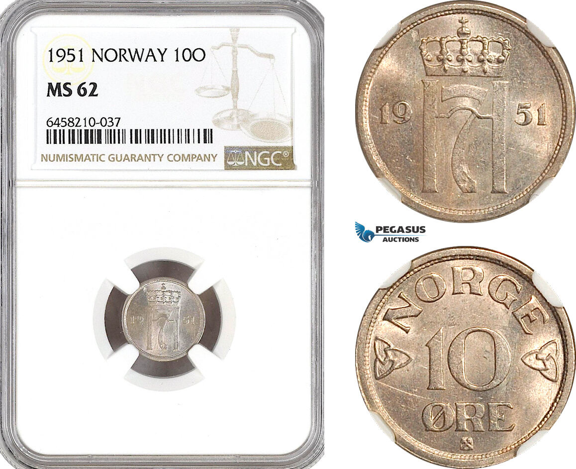 AH98, Norway, Haakon VII, 10 Ore 1951, Kongsberg Mint, NGC MS62
